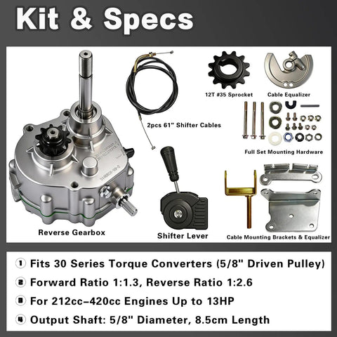 Go Kart Forward and Reverse Gearbox Kit with Thirty Series Torque Converter Transmission for 212cc and 420cc Engines