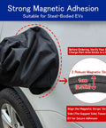 Outdoor All Weather EV Charger Port Cover With Magnetic Attachment Keeps Your Electric Vehicle Charging Port Dry In Rain Or Shine No Fuss Weatherproof Plug Cover For Steel Bodied EVs Easy To Install shown on car with magnetic strips