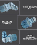 110 Piece Grease Nipple Set SAE 1/4 and PTF 1/8 Inch Straight 45 Degree 90 Degree Bent Hydraulic Zerk Fittings, carbon steel, blue zinc plated.