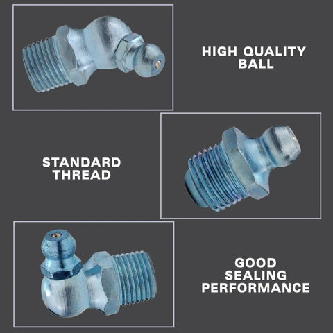 110 Piece Grease Nipple Set SAE 1/4 and PTF 1/8 Inch Straight 45 Degree 90 Degree Bent Hydraulic Zerk Fittings, carbon steel, blue zinc plated.