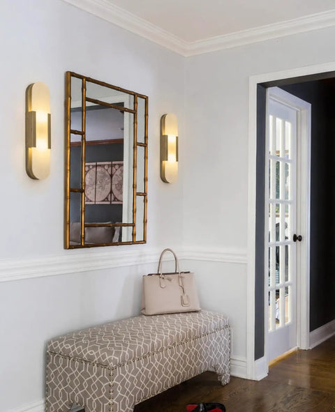 Natural Spanish Alabaster Wall Sconce, 19.7" High Marble Wall Sconces, G9 flanking a decorative mirror in a stylish entryway.