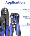 3 In 1 Wire Stripper Cutter And Crimping Tool For Heat Shrink Connectors And Insulated Terminals, showing application ranges AWG 22-10 and 24-10.
