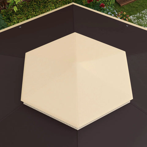Top view of Easy Up 13 By 13 Pop Up Gazebo With Zippered Mesh Sides, beige shade shelter with sturdy steel frame, patio event tent.