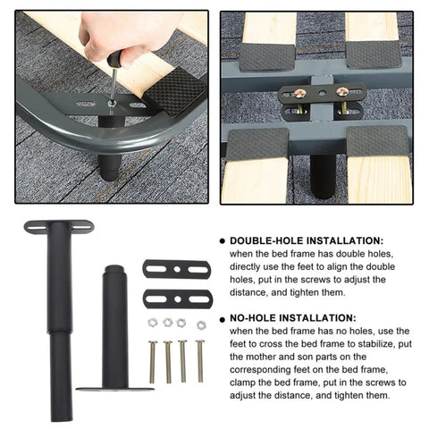 Adjustable Black Iron Furniture Support Legs Set for Beds, Cabinets, and Sofas with installation instructions and screws