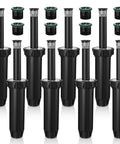 8 Pack Pop Up Sprinkler Heads Featuring Spare Nozzles For Comprehensive Lawn And Garden Irrigation Flexible Spray Patterns No Sweat Installation And Prograde Durability For Stress Free Yard Care with black polymer bodies and adjustable nozzles.