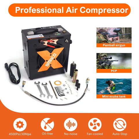 Professional air compressor for mini scuba tank, shown with accessories for use with Ultra Compact 1L Portable Scuba Tank With Gauge