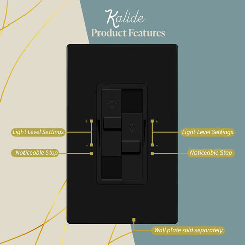 Image of Kalide Dual Load Dimmer Light Switch For LEDs, highlighting light level settings and noticeable stop, black finish, wall plate sold separately.