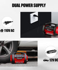 Portable Tire Inflator Air Compressor With Dual Motors, 12V DC And 110V AC, shown plugged into wall and car tire in background.