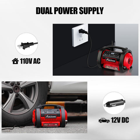 Portable Tire Inflator Air Compressor With Dual Motors, 12V DC And 110V AC, shown plugged into wall and car tire in background.