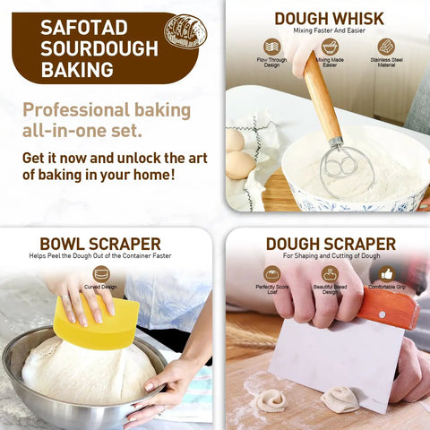 9 Inch Round Sourdough Bread Proofing Basket And Complete Starter Kit With Dough Whisk, Bread Lame, Scrapers, Brush, Flour Duster