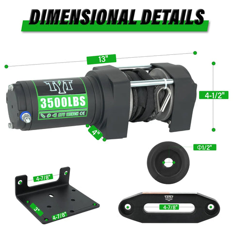 12V 3500 Lb Electric ATV UTV Winch With Waterproof Steel Cable and included mounting plate dimensions shown