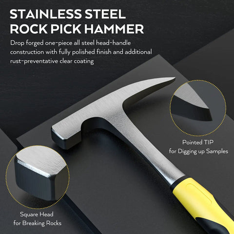 Stainless steel rock pick hammer with pointed tip and square head for 8 Piece Rock Hounding Gear Kit With 3lb Sledge And 32oz Rock Hammer