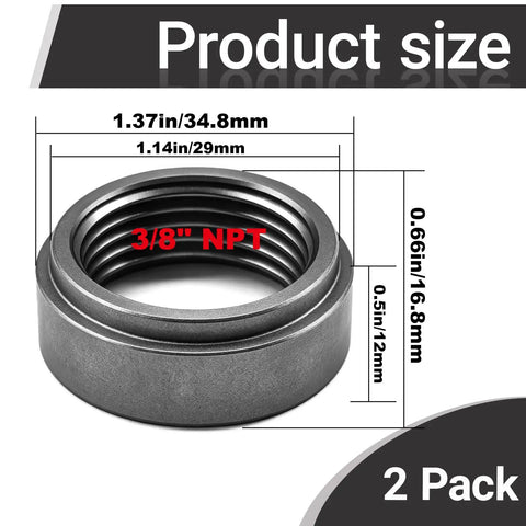 Two Pack 3/8 Npt Weld On Female Pipe Thread Steel Bung Fitting Step Nut dimensions and details view.