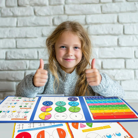 Child smiling with Magnetic Fraction Tiles And Circles Set With Dry Erase Board For Visual Math Learning on table.
