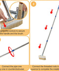 Assembly instructions for Long Reach Deck Stain Brush with 60 inch handle and 7 inch wide head, showing three-step assembly.