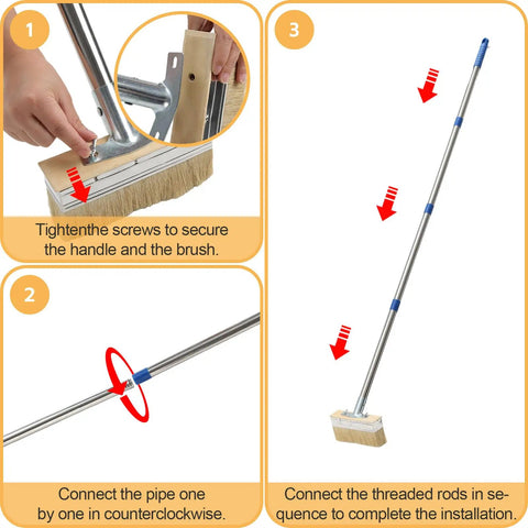 Assembly instructions for Long Reach Deck Stain Brush with 60 inch handle and 7 inch wide head, showing three-step assembly.