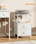 White End Table With Built In Charging Station And USB Ports Nightstand With Outlets Storage Shelf Fabric Drawers Hooks
