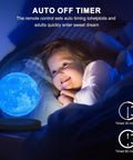 Levitating Moon Lamp Galaxy Light 6 Inch With 18 Color LED Modes next to a smiling child in bed, highlighting remote control features.