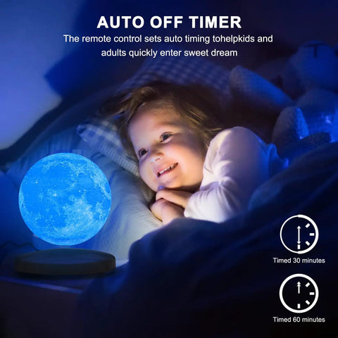 Levitating Moon Lamp Galaxy Light 6 Inch With 18 Color LED Modes next to a smiling child in bed, highlighting remote control features.