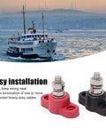Battery Power Distribution Terminal Blocks Set Red and Black Insulated Ground Junction Posts with Single Studs for Cars and 12V 24V Systems Heavy Duty Durable Plastic Base Stainless Steel Bolts Brass Gaskets for Neat Wiring, red and black marine terminal blocks