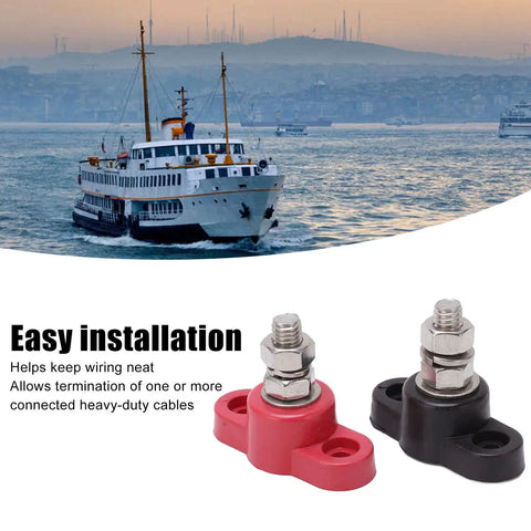 Battery Power Distribution Terminal Blocks Set Red and Black Insulated Ground Junction Posts with Single Studs for Cars and 12V 24V Systems Heavy Duty Durable Plastic Base Stainless Steel Bolts Brass Gaskets for Neat Wiring, red and black marine terminal blocks
