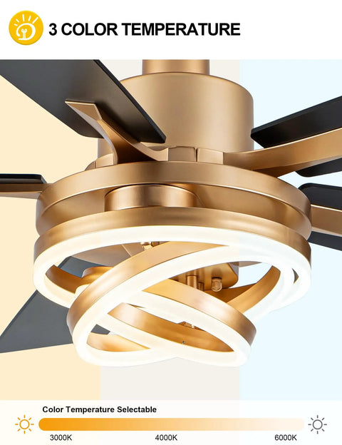 52 Inch Ceiling Fan With Light Gold Chandelier, DC Motor, Dimmable LED, Three ring chandelier with three color temperature options