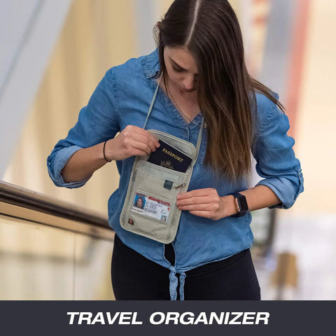 Woman using RFID Blocking Stash Neck Wallet And Travel Pouch Passport Holder For Women And Men Slim Two Layer Security Wallet In Taupe Color For Safe Travel And Everyday Carry Essentials.