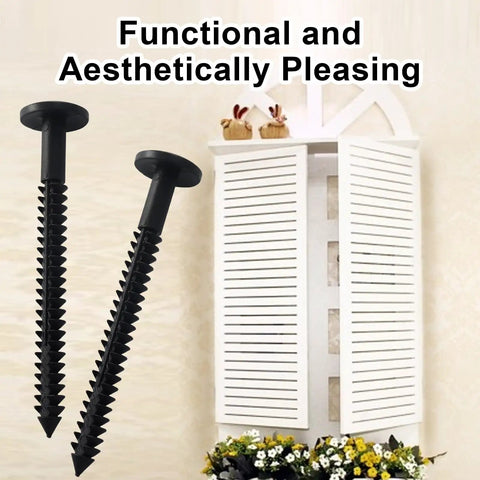 Two Tough As Nails 18 Piece Heavy Duty Vinyl Shutter Screws Black 3 Inch Exterior House Fasteners on a white shutter background.
