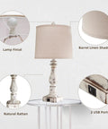 Touch Control Rustic Table Lamps Set of 2 with Dual USB Ports 3 Way Dimmable Vintage Bedside Lamps Antique White Resin Finish Linen Shade Perfect for Bedroom and Living Room Includes 2 Bulbs with lamp finial, barrel linen shade, and USB ports detail
