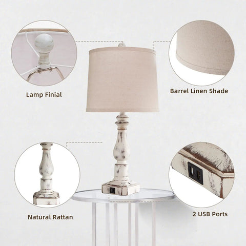 Touch Control Rustic Table Lamps Set of 2 with Dual USB Ports 3 Way Dimmable Vintage Bedside Lamps Antique White Resin Finish Linen Shade Perfect for Bedroom and Living Room Includes 2 Bulbs with lamp finial, barrel linen shade, and USB ports detail