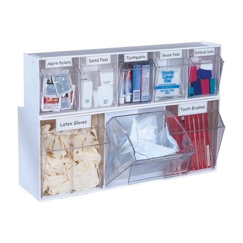 Interlocking Tilt Bin Storage System 6 Bin Unit In Clear And White with labeled items on a desk or wall