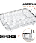 2 Piece Air Fryer Basket Set With Magnetic Cooking Times Cheat Sheet And Oven Reference Magnet for Over 90 Popular Air Fry Foods Stainless Steel Kitchen Accessory showing basket with handles