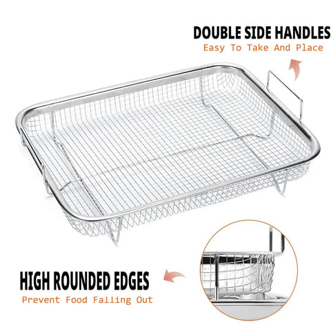 2 Piece Air Fryer Basket Set With Magnetic Cooking Times Cheat Sheet And Oven Reference Magnet for Over 90 Popular Air Fry Foods Stainless Steel Kitchen Accessory showing basket with handles