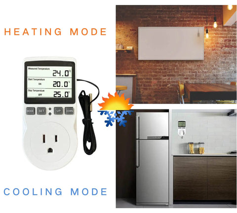 Plug In Digital Thermostat Temperature Controller For Space Heater And Infrared Heater, displayed in kitchen with LCD screen