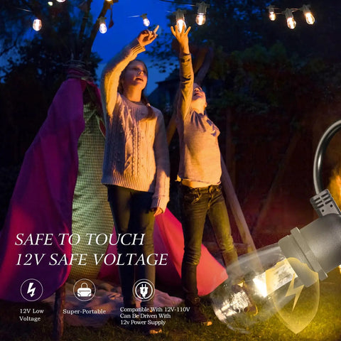 Safe 12V LED Outdoor String Lights For Patios And Pergolas 96 Ft Total With 30 Shatterproof Bulbs Warm White 2200K in garden