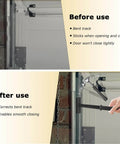 Person using Heavy Duty Vertical Track Repair Tool for 2-inch roller track systems in garage door maintenance before and after view.