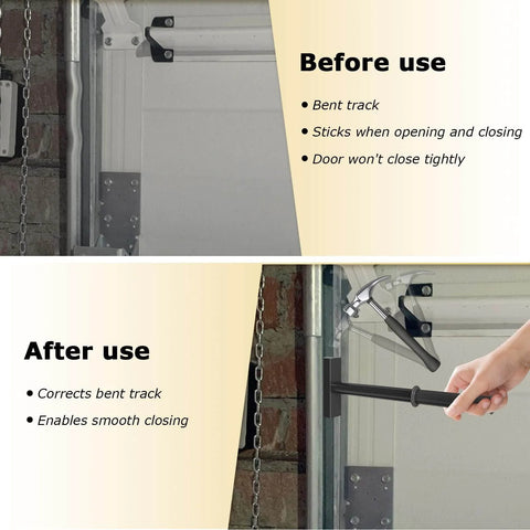 Person using Heavy Duty Vertical Track Repair Tool for 2-inch roller track systems in garage door maintenance before and after view.