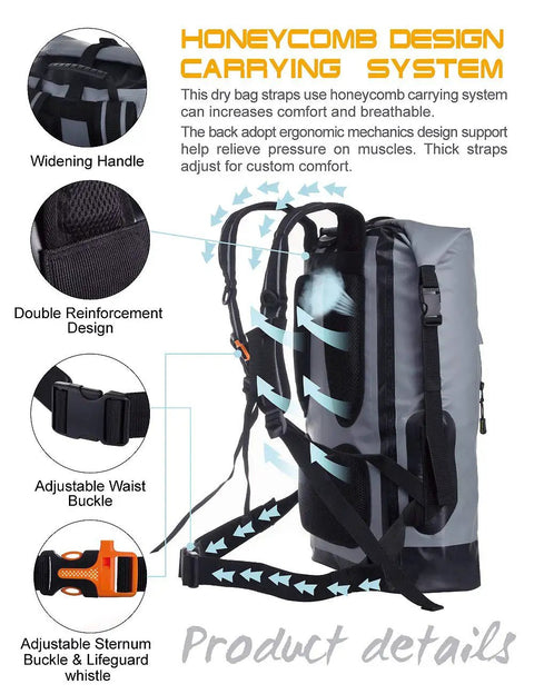 Waterproof Dry Backpack For Men 20L 30L 40L with adjustable straps, sternum buckle, and honeycomb design for comfort.