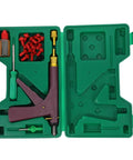 Complete Heavy Duty Motorcycle Tire Repair Kit Featuring Abs Metal Plug Insertion Tool For Tubeless Street Bikes And Scooters Fast No Sweat Roadside Patch Fix And Storage Organizer with tools in green case.