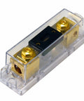 Gold Plated ANL Fuse Holder Inline Fuse Block for 1/0 AWG In And Out with brass hardware and clear protective housing