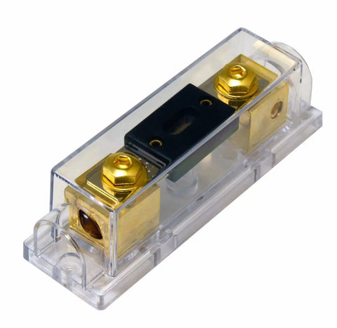 Gold Plated ANL Fuse Holder Inline Fuse Block for 1/0 AWG In And Out with brass hardware and clear protective housing