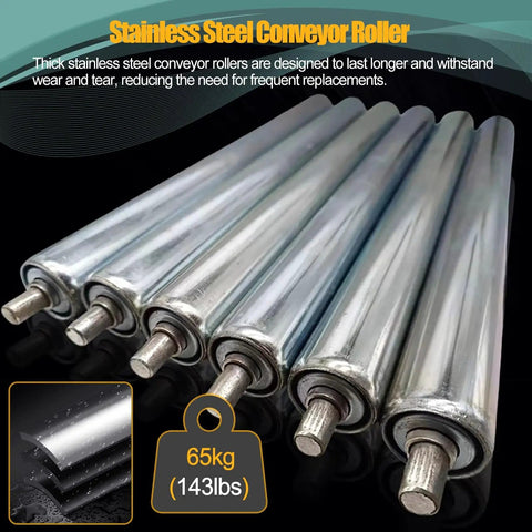Stainless Steel Conveyor Roller Wheels 2 Inch Diameter 7.8 Inch Length Non Powered Replacement Rollers For Conveyor Systems Heavy Duty Rust Resistant Industrial Parts For DIY Home Shop Setup, shown in a row
