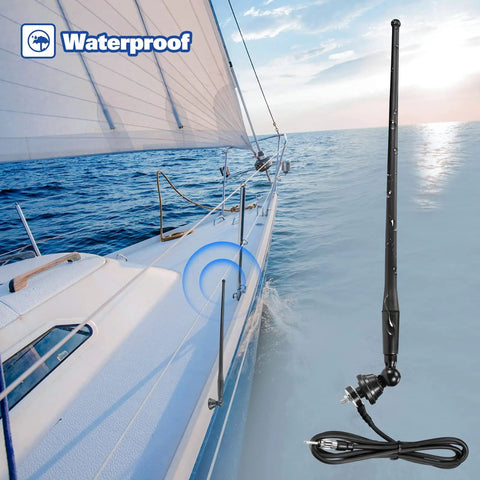 16 Inch Rubber Duck Flexible Mast Boat Radio Antenna For FM AM Stereo, Works Great On Boat Car RV Motorhome ATV UTV Tractor Yacht Motorcycle, DIN Plug 88-108MHz Reception, Easy Install, Dockside Ready displayed on sailboat