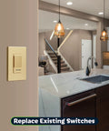 Dimmer Switch With Light Adjust Slider For Single Pole Or 3 Way Install 150W LED 600W Incandescent 120V UL Gold Finish in modern kitchen