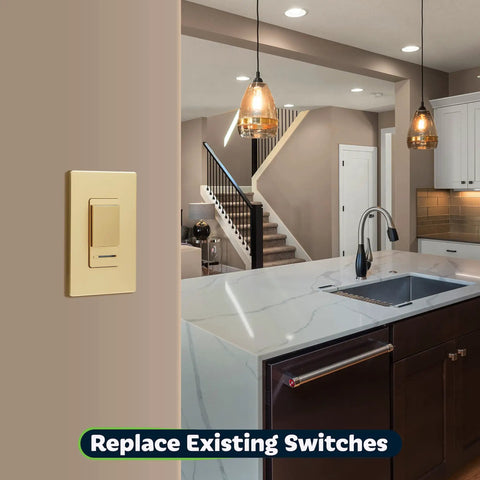 Dimmer Switch With Light Adjust Slider For Single Pole Or 3 Way Install 150W LED 600W Incandescent 120V UL Gold Finish in modern kitchen