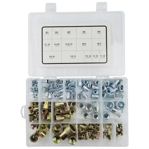 Pro Grade 16 Inch Lever Style Rivet Nut Tool Kit with Visual Stroke Indicator includes 15 mandrels for metric and SAE threaded inserts.