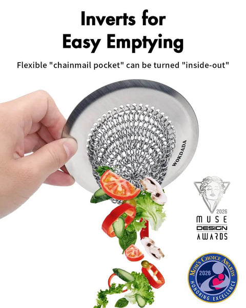 Hand holding a Reversible Chain Mesh Sink Strainer For Effortless Clean Up And Debris Catcher Large Capacity No Clog 304 Stainless Steel.