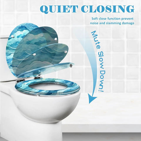 Round Resin Toilet Seat for Bathroom with a blue wave design, showcasing quiet closing feature and adjustable hinges.