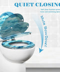 Toilet Seat Slow Close, Bathroom with blue wave design, showing quiet closing feature and adjustable hinges.