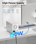 Massive 5 Bay Hard Drive Enclosure with 150W power supply on desk ensuring smooth data flow during multi-disk reading.